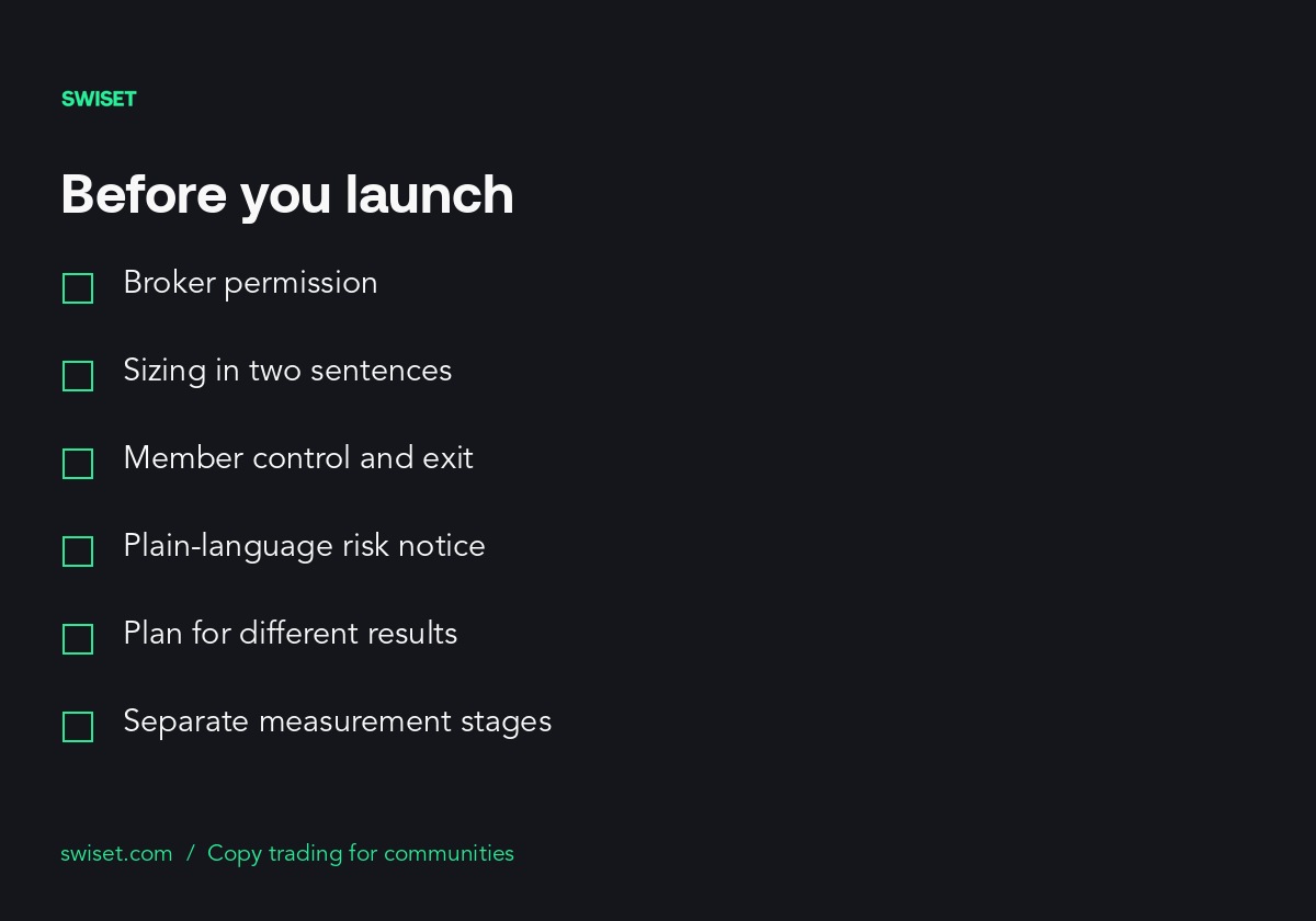 Pre-launch checklist for offering copy trading to a trading community