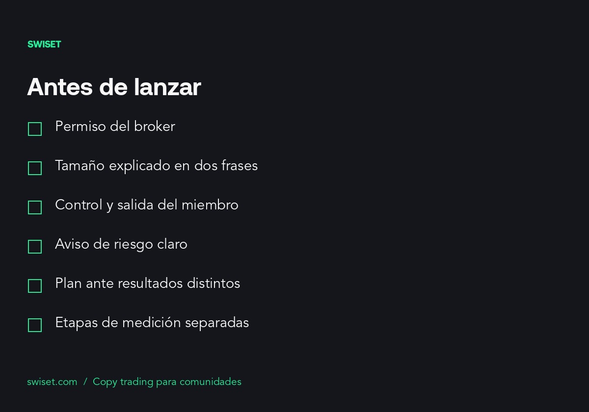 Checklist previo al lanzamiento de copy trading para una comunidad de trading